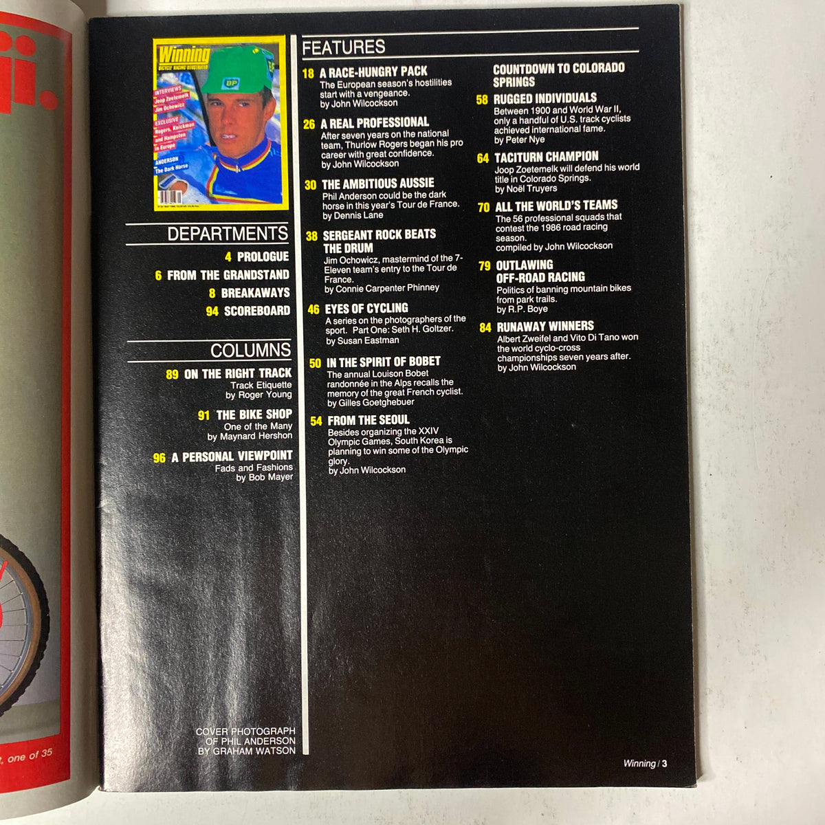 Table of contents for Winning Bicycle Racing Illustrated, May 1986 (No. 34). Highlights topics such as 'A Race-Hungry Pack' and features profiles of cyclists like Phil Anderson and Joop Zoetemelk, summarizing articles relevant to the European racing season.