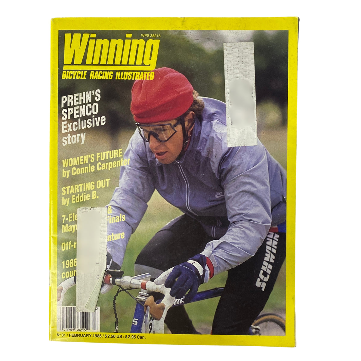 Cover of Winning Bicycle Racing Illustrated February 1986 No. 31 featuring Tom Prehn, showcasing the Spenco exclusive story with cycling imagery.