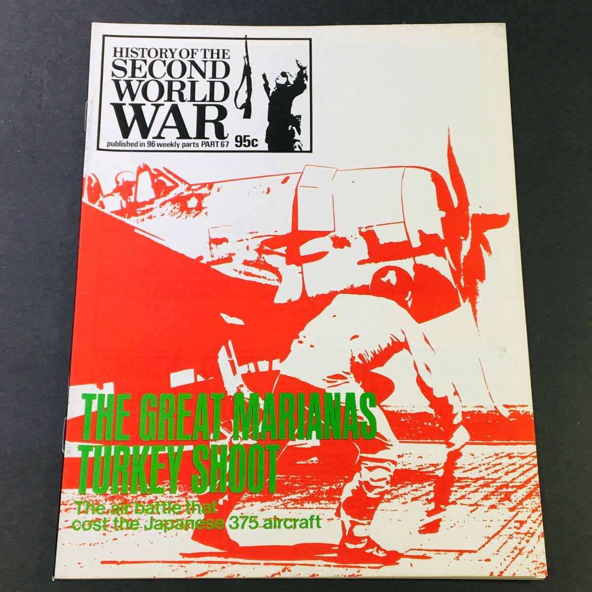 Cover of the vintage magazine titled 'History of the Second World War Part 67 1974 - Battle for the Marianas'. The cover features bold red and green graphics, highlighting the Great Marianas Turkey Shoot, an air battle that cost the Japanese 375 aircraft.