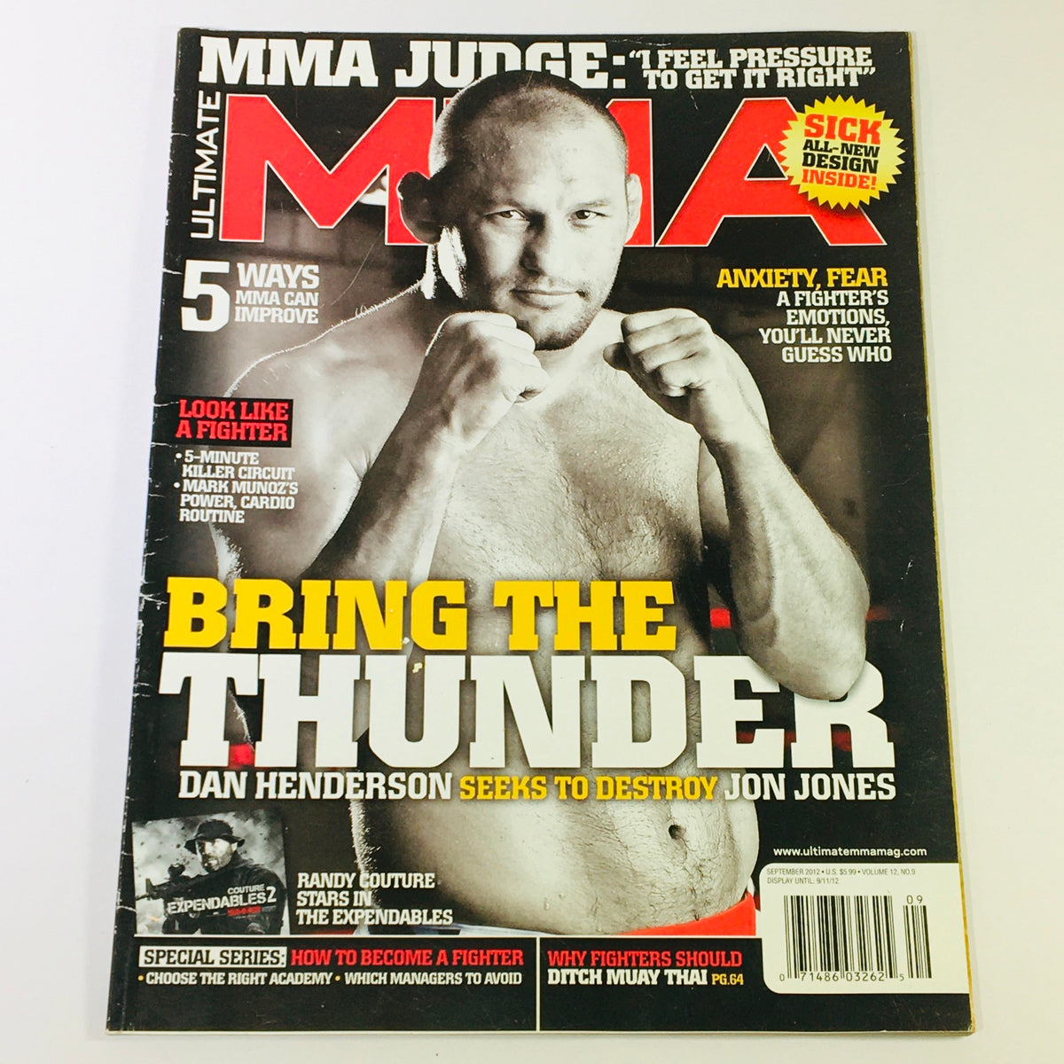 Ultimate MMA Magazine September 2012 cover featuring Dan Henderson and Jon Jones with the headline 'Bring the Thunder.' Highlights the electrifying rivalry and includes insights into Randy Couture's career.