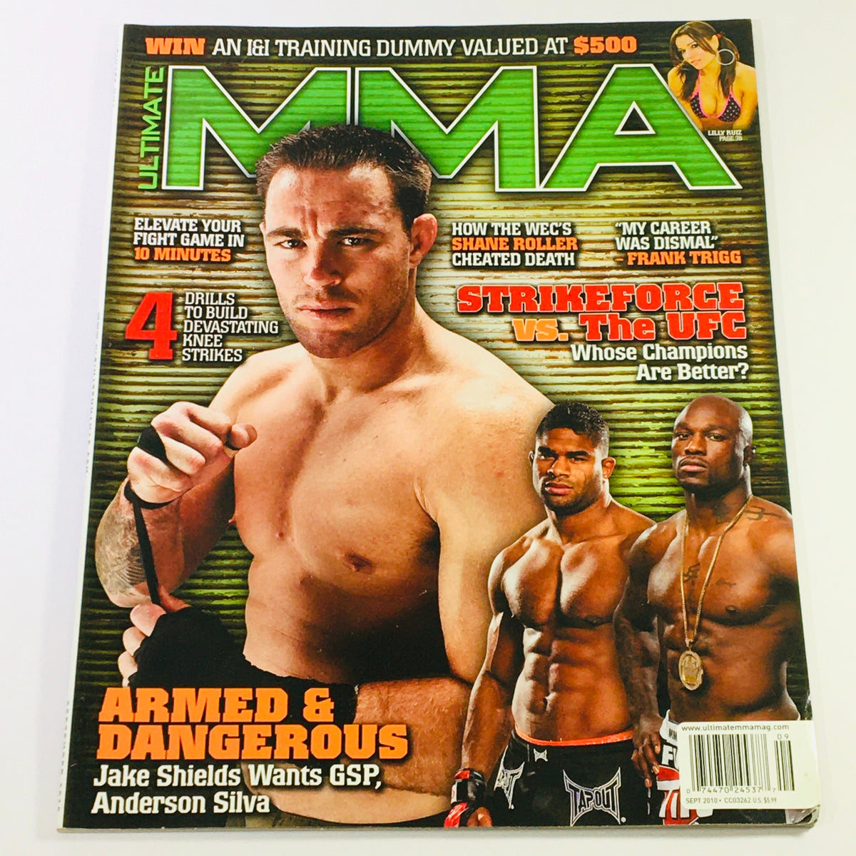Cover of Ultimate MMA Magazine September 2010 featuring Jake Shields, Anderson Silva, and Lilly Ruiz, highlighting MMA news, insights, and training drills with striking visuals of prominent fighters.