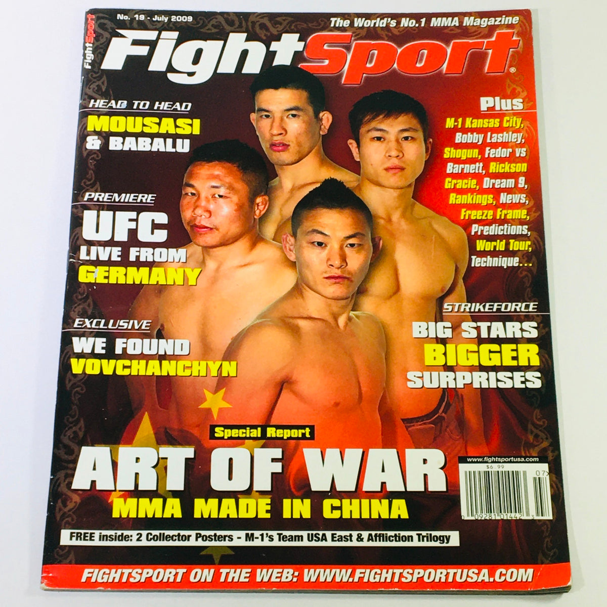 Fight Sport Magazine July 2009 #19 cover featuring fighters Gegard Mousasi and Renato 'Babalu' Sobral, highlighting their prominence in mixed martial arts with additional content on MMA made in China.