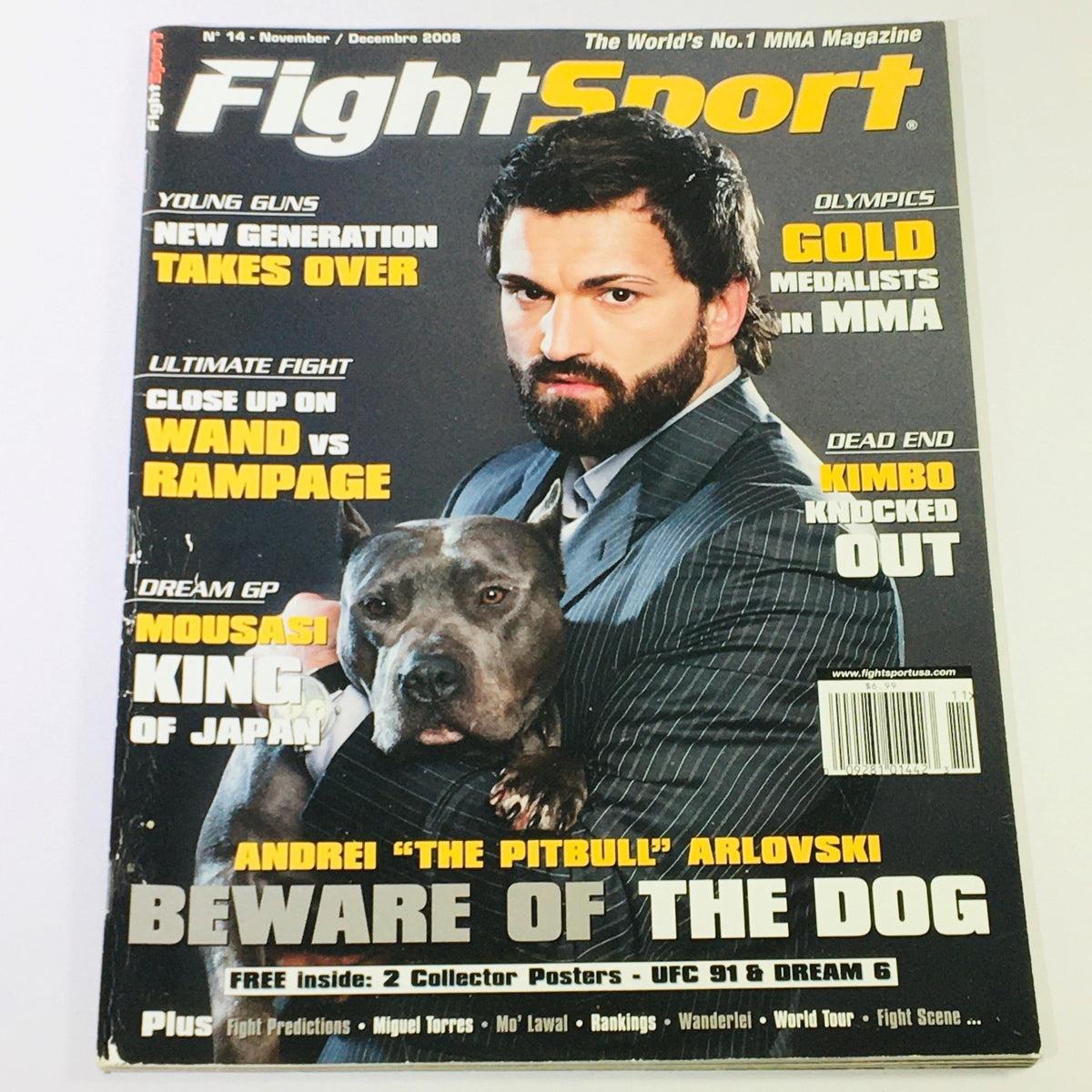 Fight Sport Magazine November December 2008 #14 featuring Andre "The Pitbull" Arlovski on the cover, showcasing a fierce MMA fighter with his dog. This collectible cover highlights the essence of mixed martial arts during an era of rising popularity.
