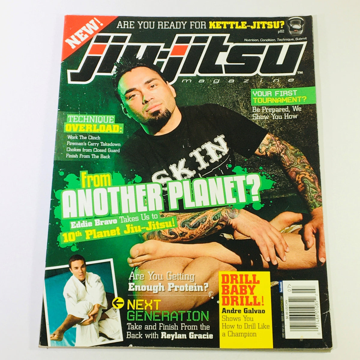 Cover of Jiu-Jitsu Magazine June July 2011 featuring Eddie Bravo, Reylan Gracie, and Andre Galvao, showcasing martial arts techniques and training insights.