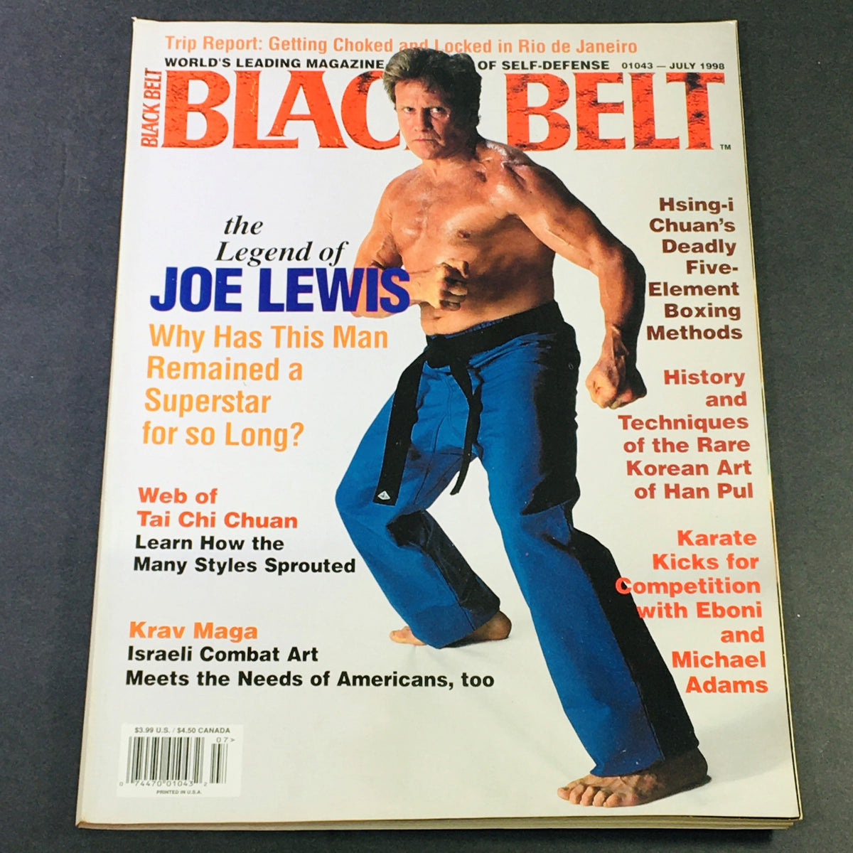 Black Belt Magazine July 1998 Vol 36 #7 featuring the legend of Joe Lewis on the cover, showcasing martial arts culture with a focus on techniques, training tips, and historical insights.