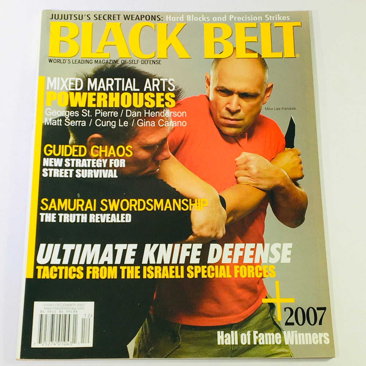 Cover of Black Belt Magazine, December 2007 issue featuring Mike Lee Kanarek and a focus on Samurai Swordsmanship, showcasing martial arts themes and techniques.