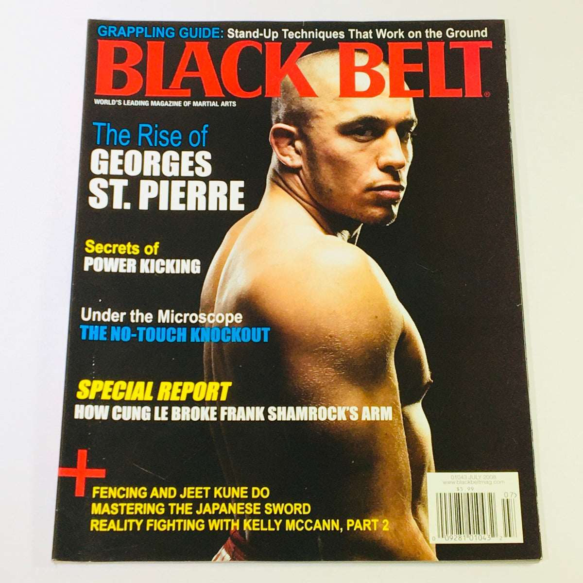 Black Belt Magazine July 2008 cover featuring Georges St. Pierre, highlighting martial arts techniques and interviews with Cung Le and Frank Shamrock.