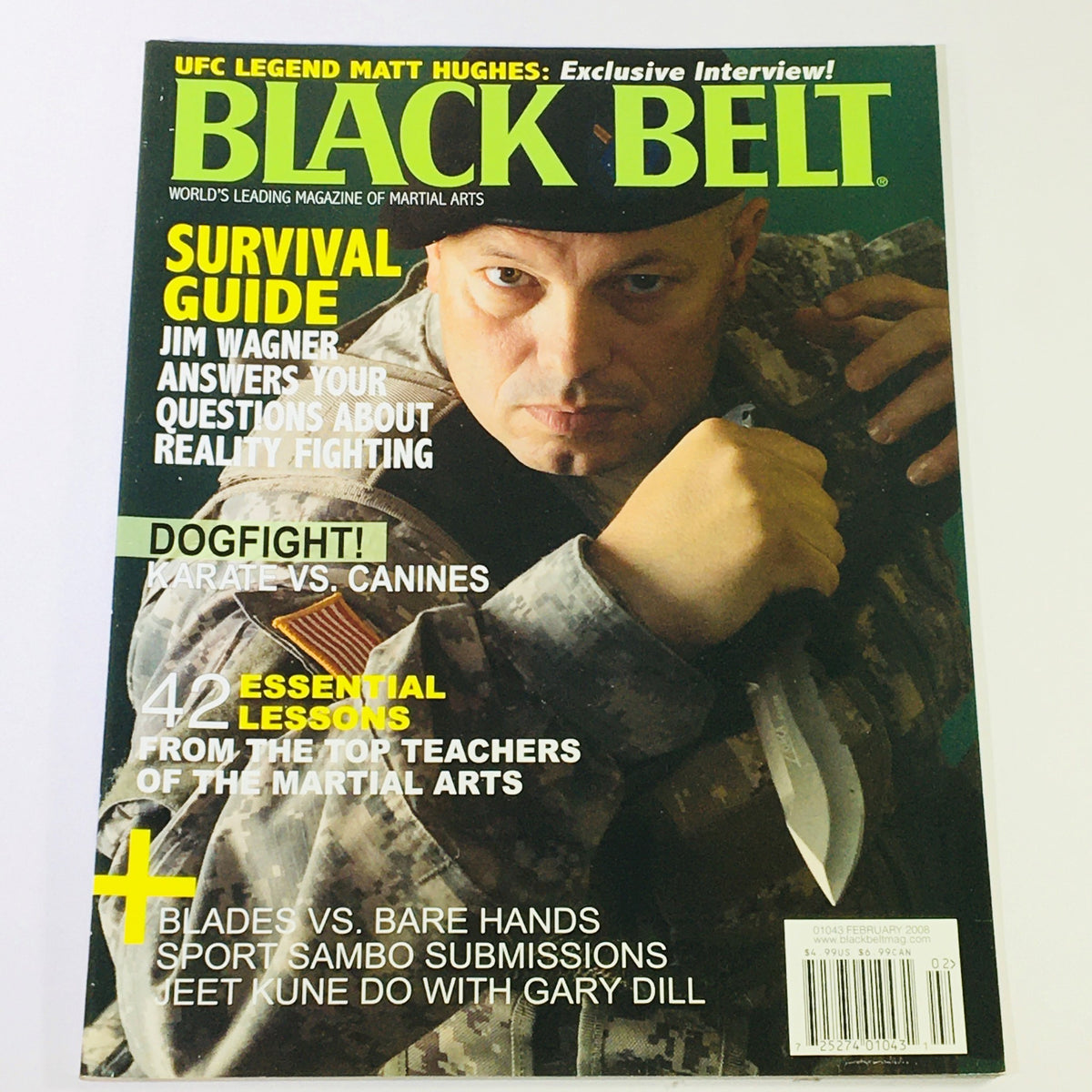 Cover of Black Belt Magazine February 2008 featuring Jim Wagner, showcasing a survival guide, dogfighting techniques, and essential lessons from top martial arts teachers.