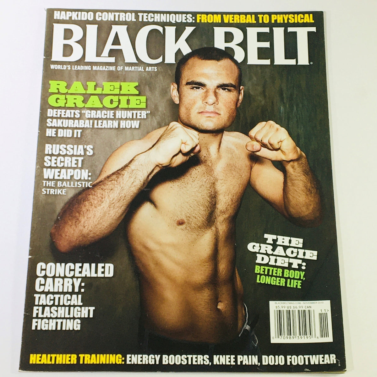 Black Belt Magazine cover from November 2010 featuring Ralek Gracie, showcasing martial arts techniques and highlighting 'Russia's Secret Weapon: The Ballistic Strike.'