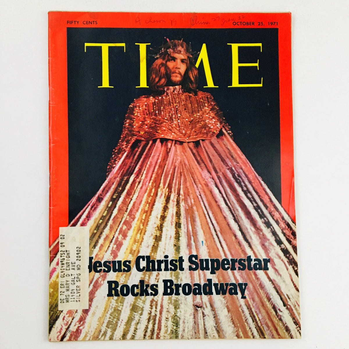 Time Magazine cover from October 25, 1971 featuring Jesus Christ Superstar Rocks Broadway, showcasing a performer in a glittering costume.