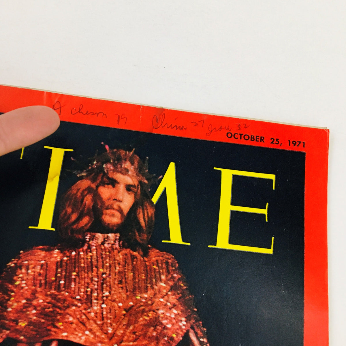 Close-up of the Time Magazine cover from October 25, 1971, highlighting Jesus Christ Superstar Rocks Broadway, with handwritten notes at the top.
