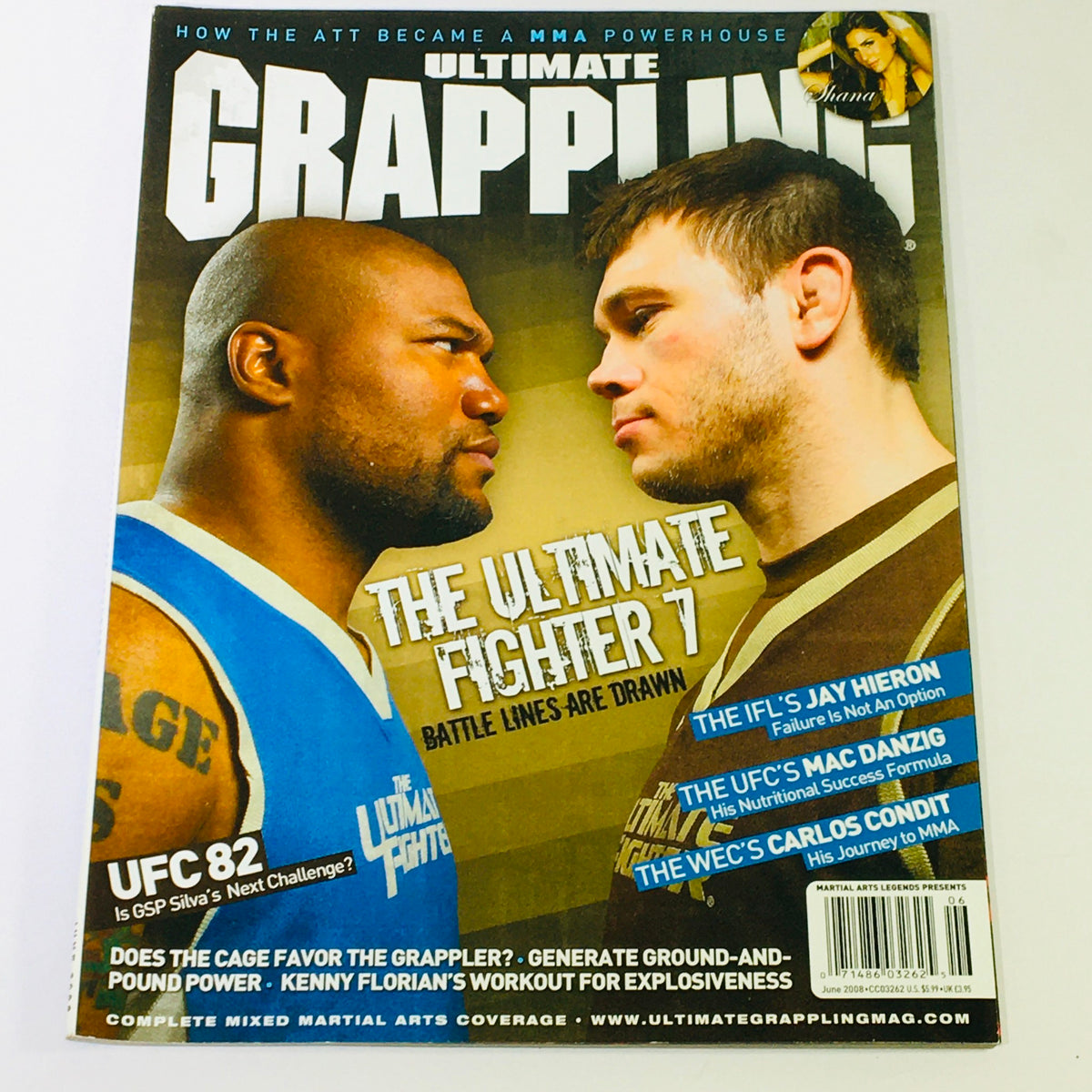 Ultimate Grappling Magazine - June 2008 featuring a cover with intense face-off between MMA fighters Anderson Silva and Kenny Florian, highlighting the theme of competition in mixed martial arts.