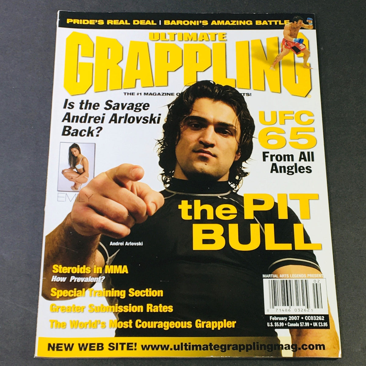 Ultimate Grappling MMA Magazine February 2007 cover featuring Andrei Arlovski with the headline about his return to UFC and related articles on MMA training, submission rates, and features on Emily.