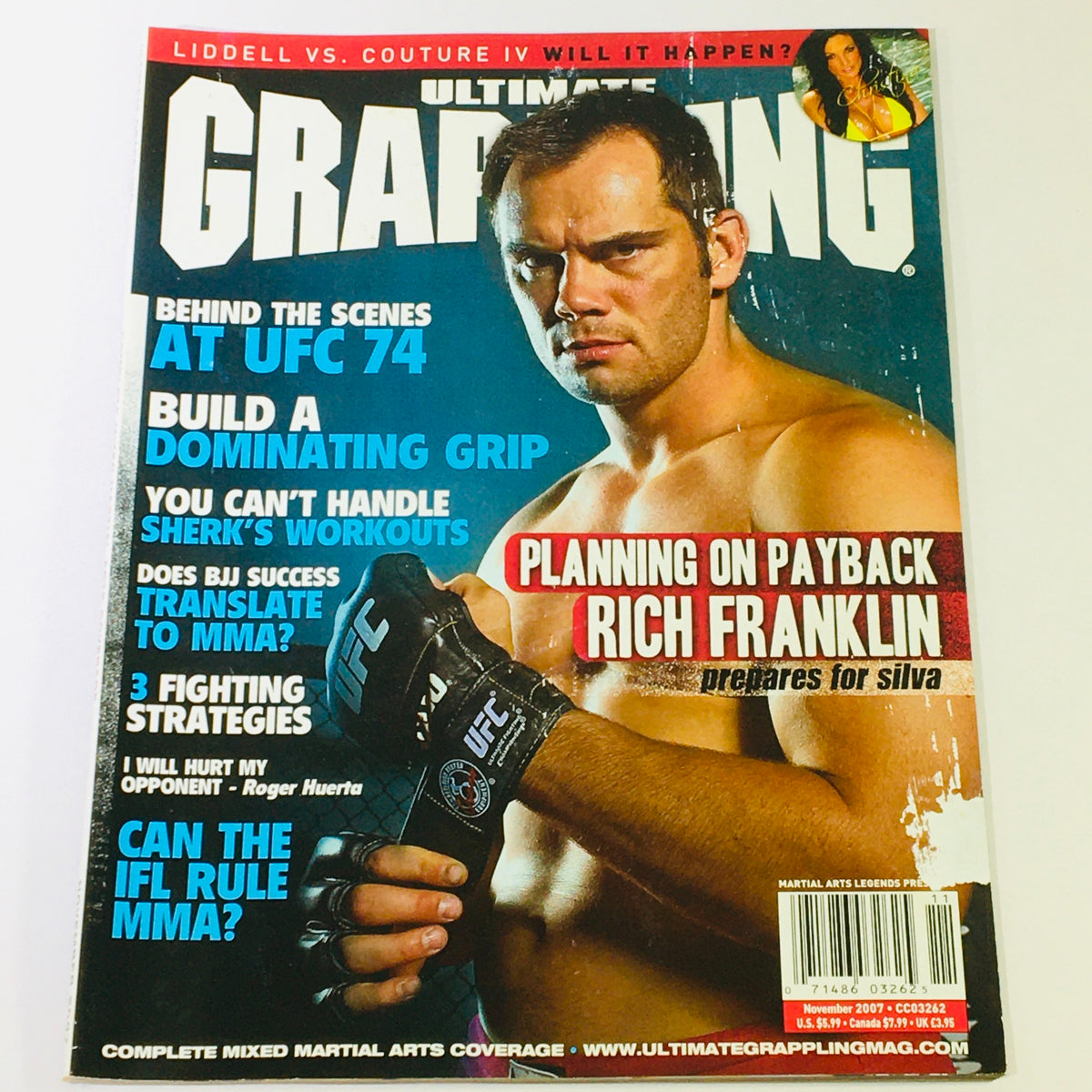 Cover of Ultimate Grappling MMA Magazine November 2007 featuring Rich Franklin, showcasing a gripping image of him with headlines on MMA strategies and upcoming fights.