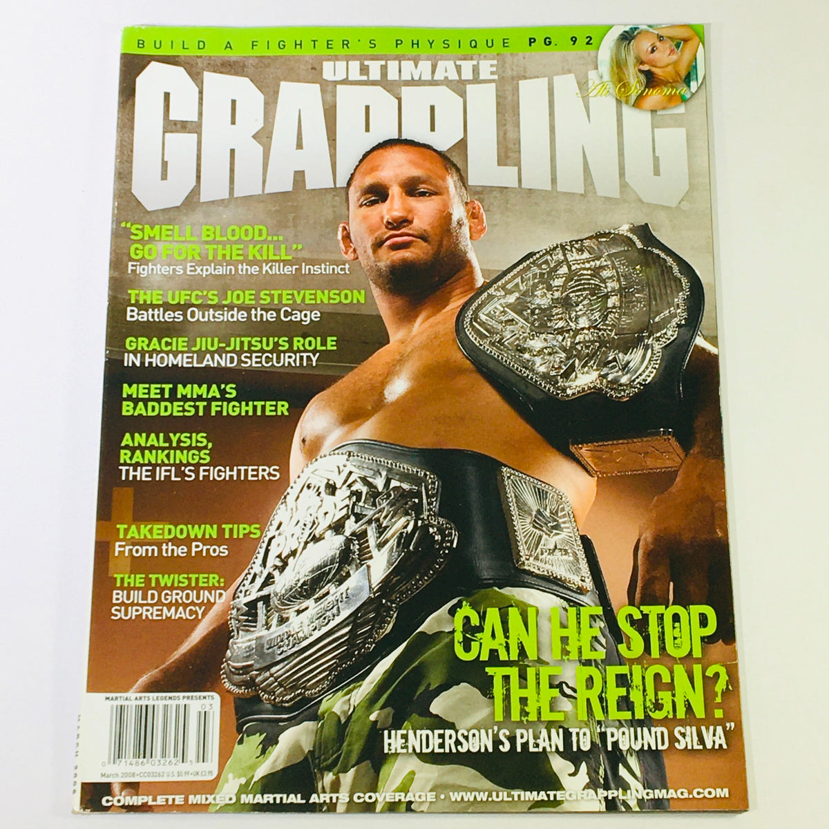 Cover of the Ultimate Grappling MMA Magazine March 2008 featuring Dan Henderson, showcasing the fight against Anderson Silva, with highlights on MMA techniques and fighter profiles.