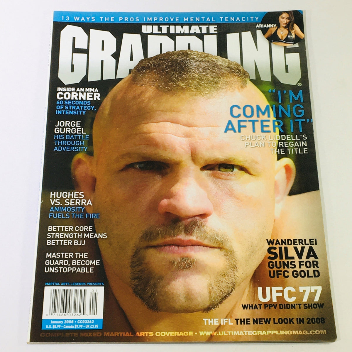 Cover of Ultimate Grappling MMA Magazine January 2008 featuring an intense portrait of a fighter, highlighting topics like Wanderlei Silva and UFC 77, perfect for MMA enthusiasts and collectors.