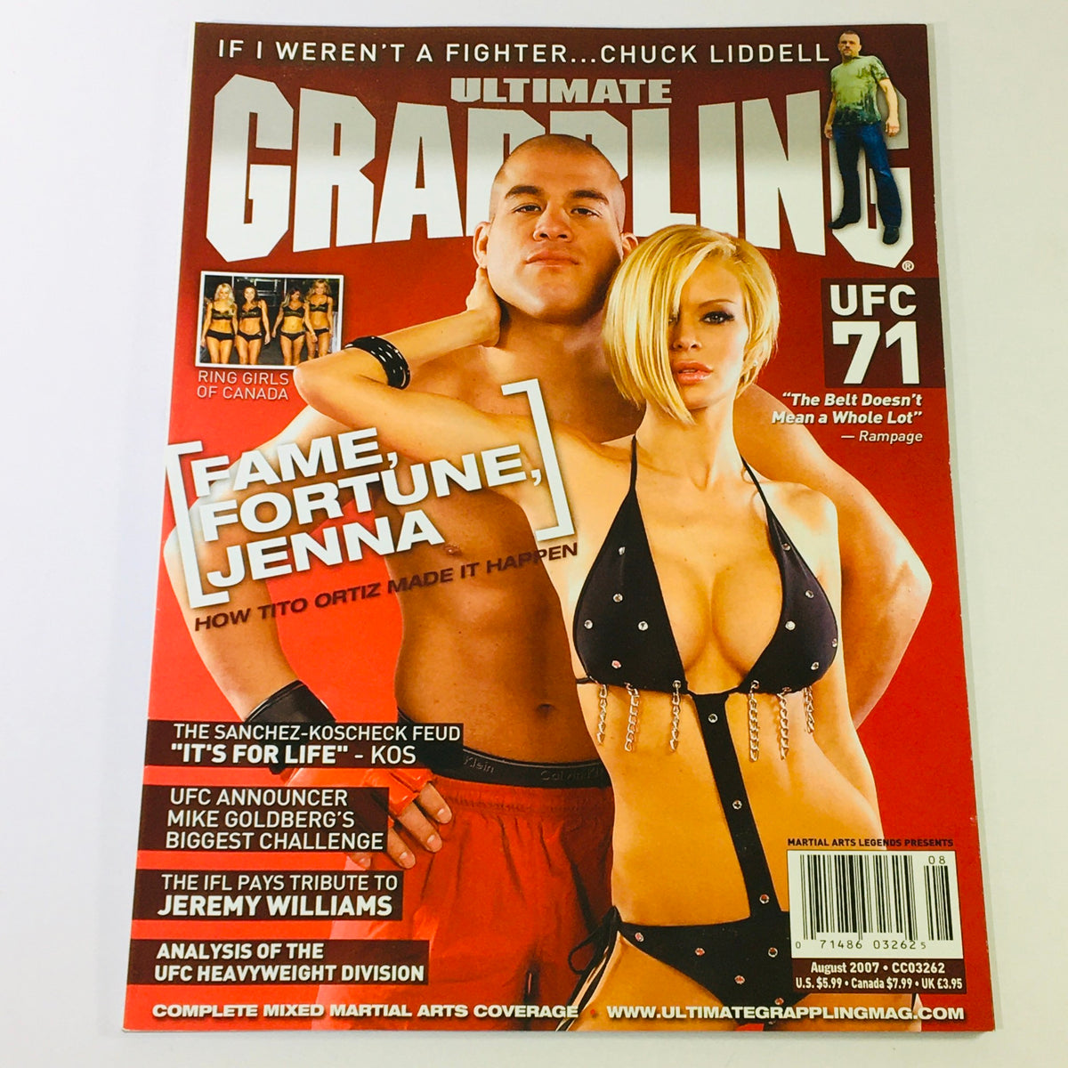 Cover of Ultimate Grappling MMA Magazine August 2007 featuring Tito Ortiz and Jenna Jameson, showcasing MMA culture and celebrity influence in combat sports.