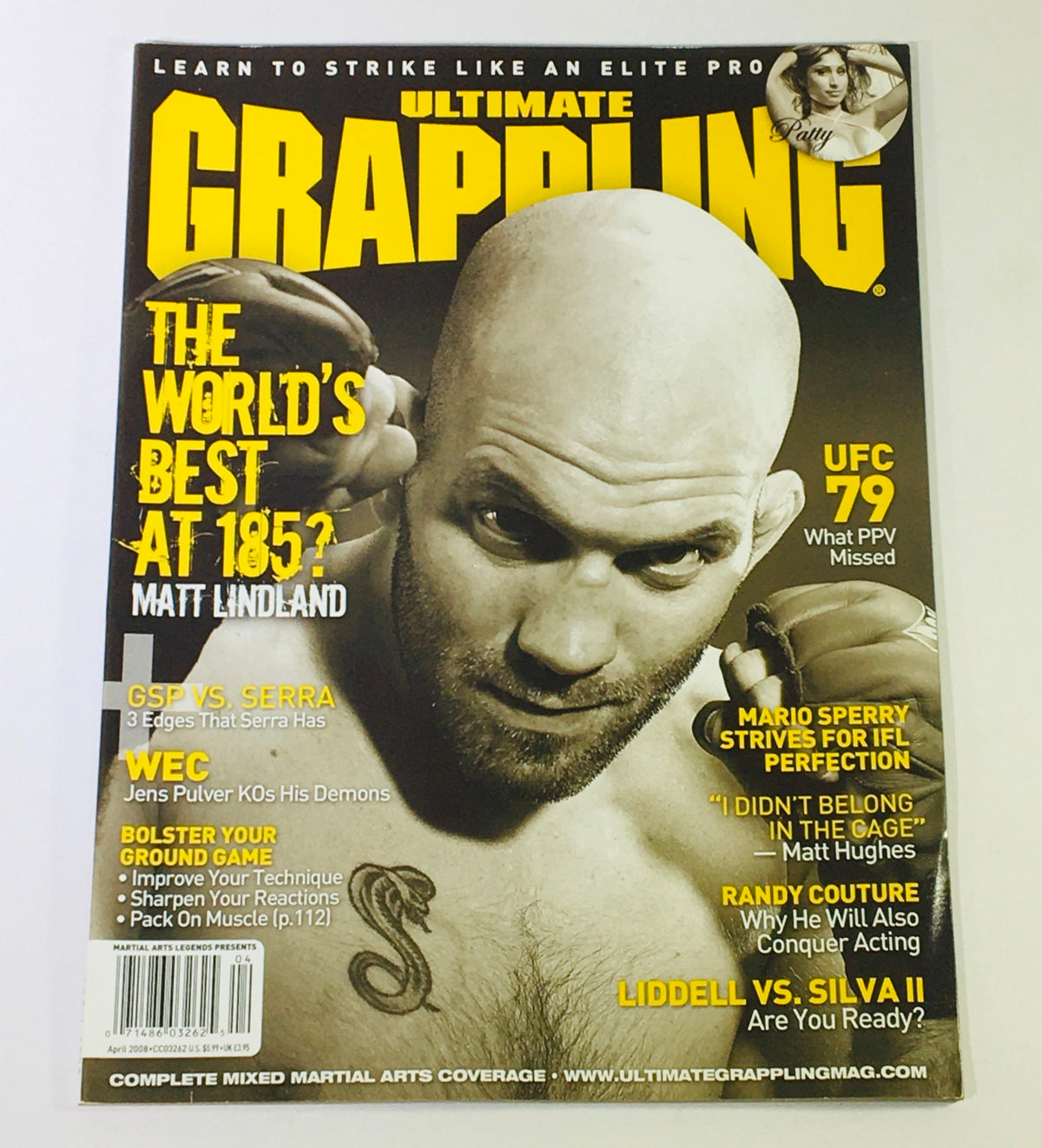 Cover of Ultimate Grappling MMA Magazine April 2008 featuring Matt Lindland, showcasing intense MMA rivalries including GSP vs Serra, with striking graphics and headlines.