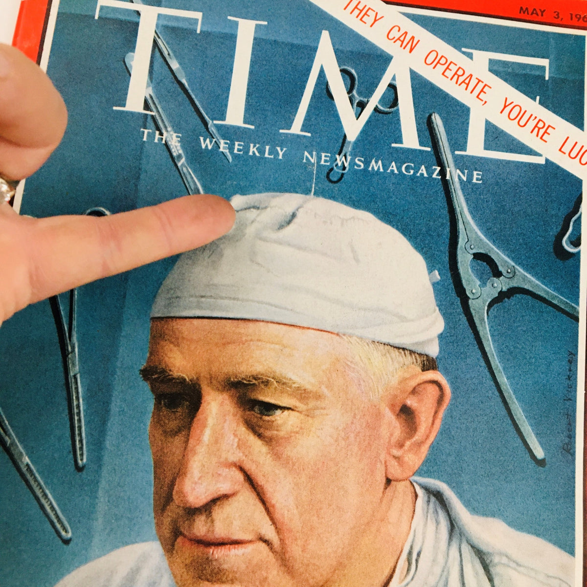Close-up of the Time Magazine cover from May 3 1963, Vol. 81 No. 18 highlighting Surgeon Francis D. Moore, with a hand pointing at the magazine.