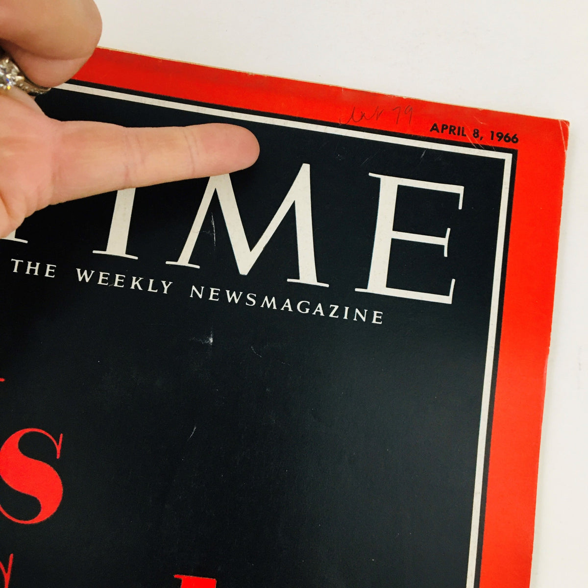 Cover of Time Magazine April 8 1966, Vol. 87 No. 14 with the title 'Is God Dead?' featuring a finger pointing at the title.