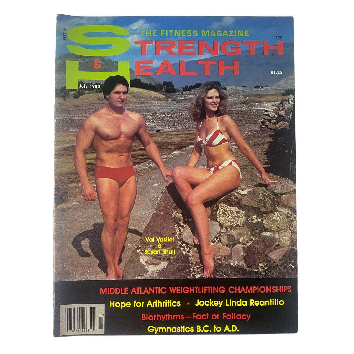 Strength & Health Magazine July 1980 cover featuring Val Vasilef and Susan Shull, showcasing fitness and bodybuilding culture.