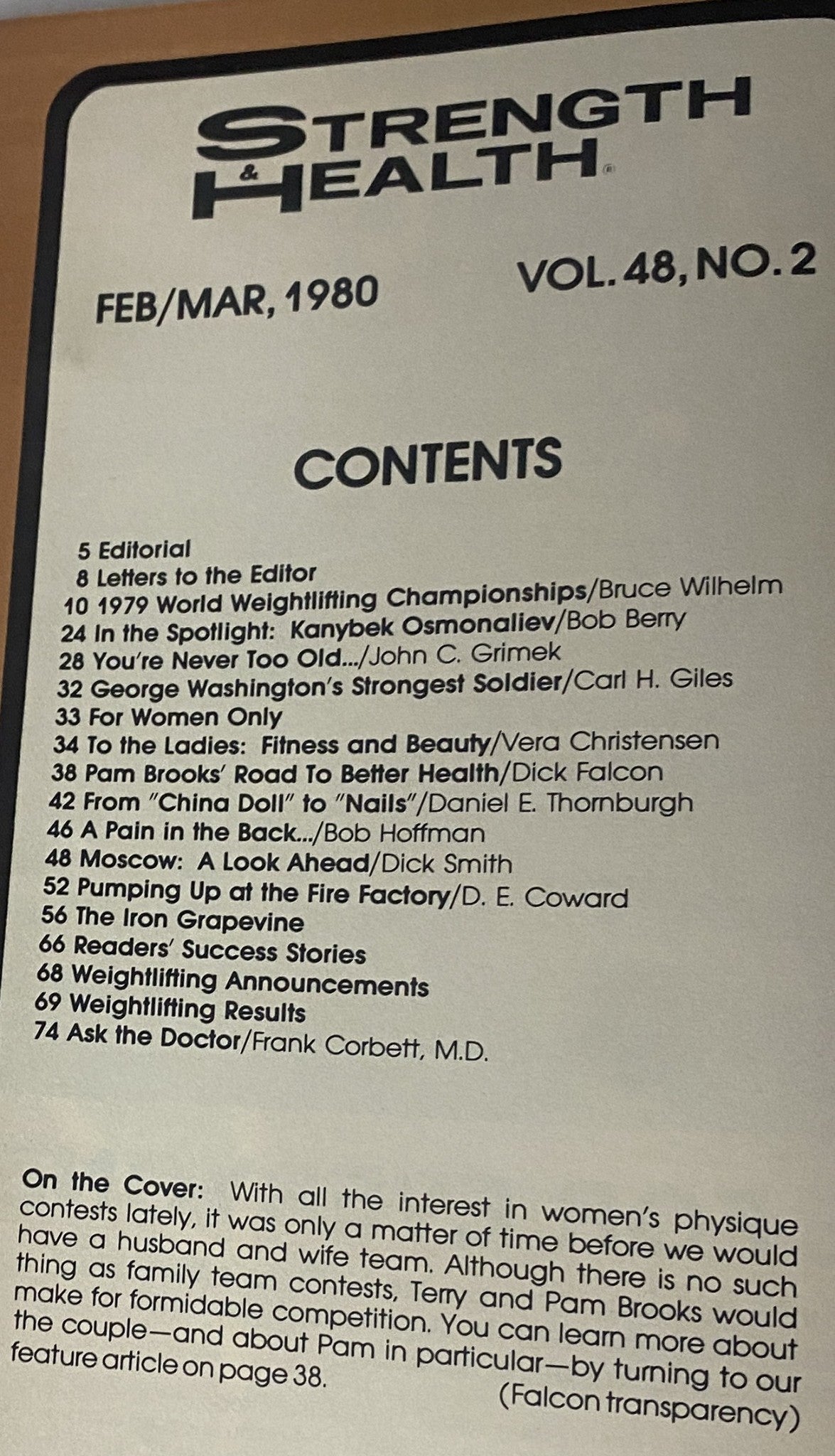 Table of contents for Strength & Health Magazine, February/March 1980, detailing articles on weightlifting, women's fitness, and health insights, including a feature on Pam Brooks.