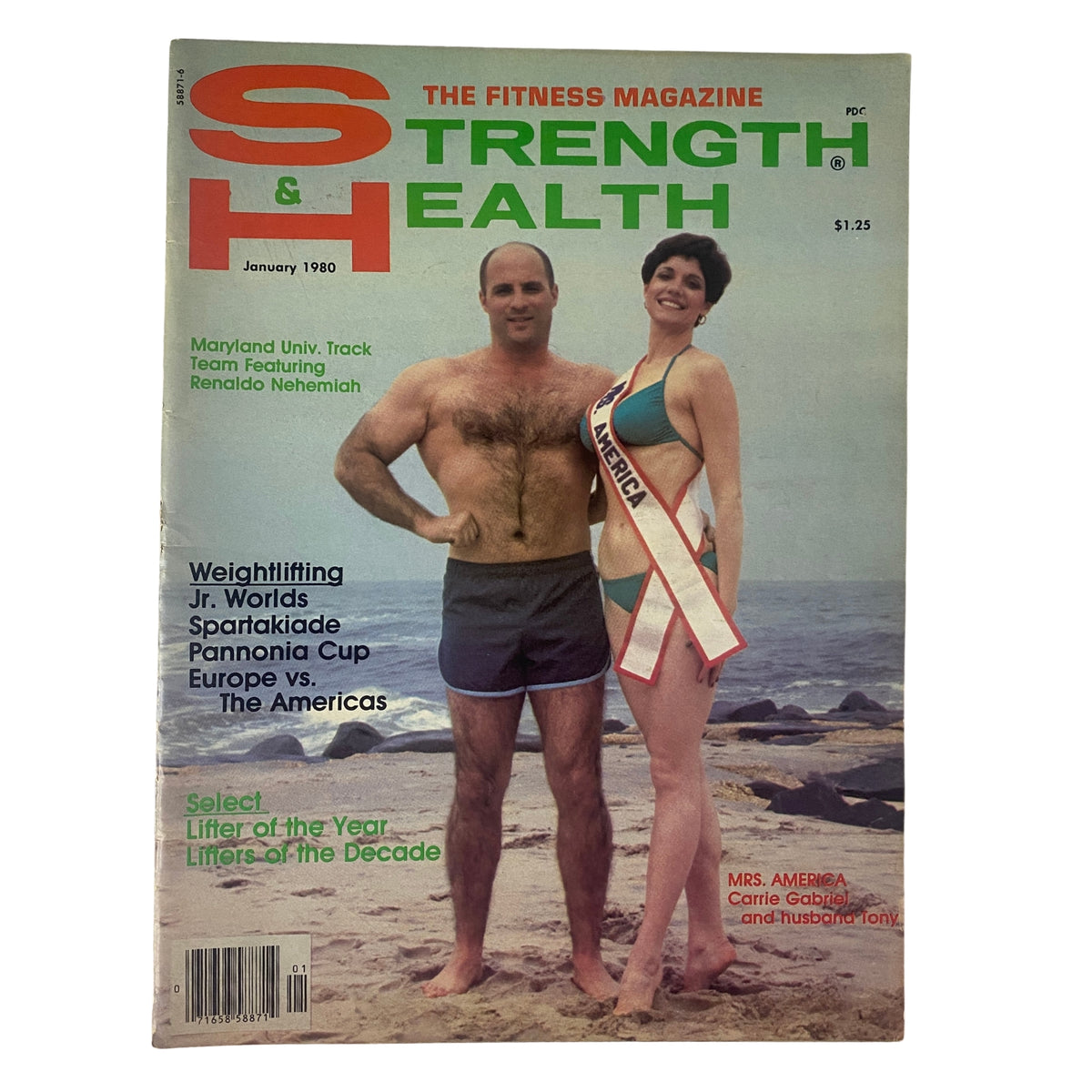 Cover of Strength & Health Magazine, January 1980, featuring Carrie Gabriel as Mrs. America alongside Tony Gabriel. This vintage magazine highlights fitness, weightlifting, and health, priced at $1.25.