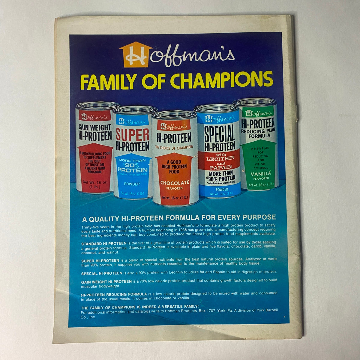 Advert for Hoffman’s Hi-Protein products in Strength & Health Magazine, September 1979, showcasing a range of nutritional supplements for athletes and fitness enthusiasts.