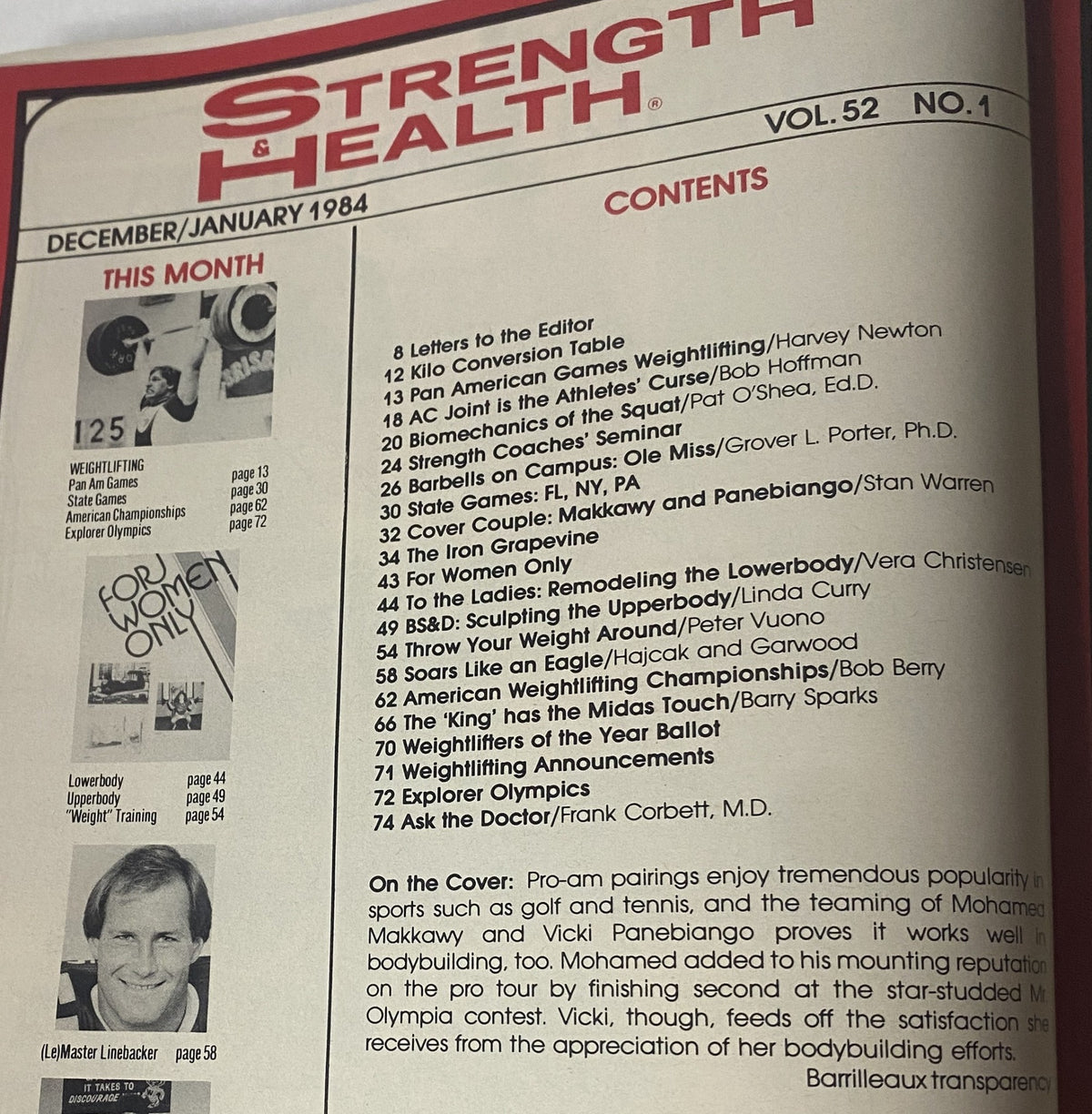 Strength & Health Magazine January 1984 contents page with detailed listings of articles, including coverage on Mohammed Makkawy and Vicki Panebiango, discussing topics like weightlifting and bodybuilding.