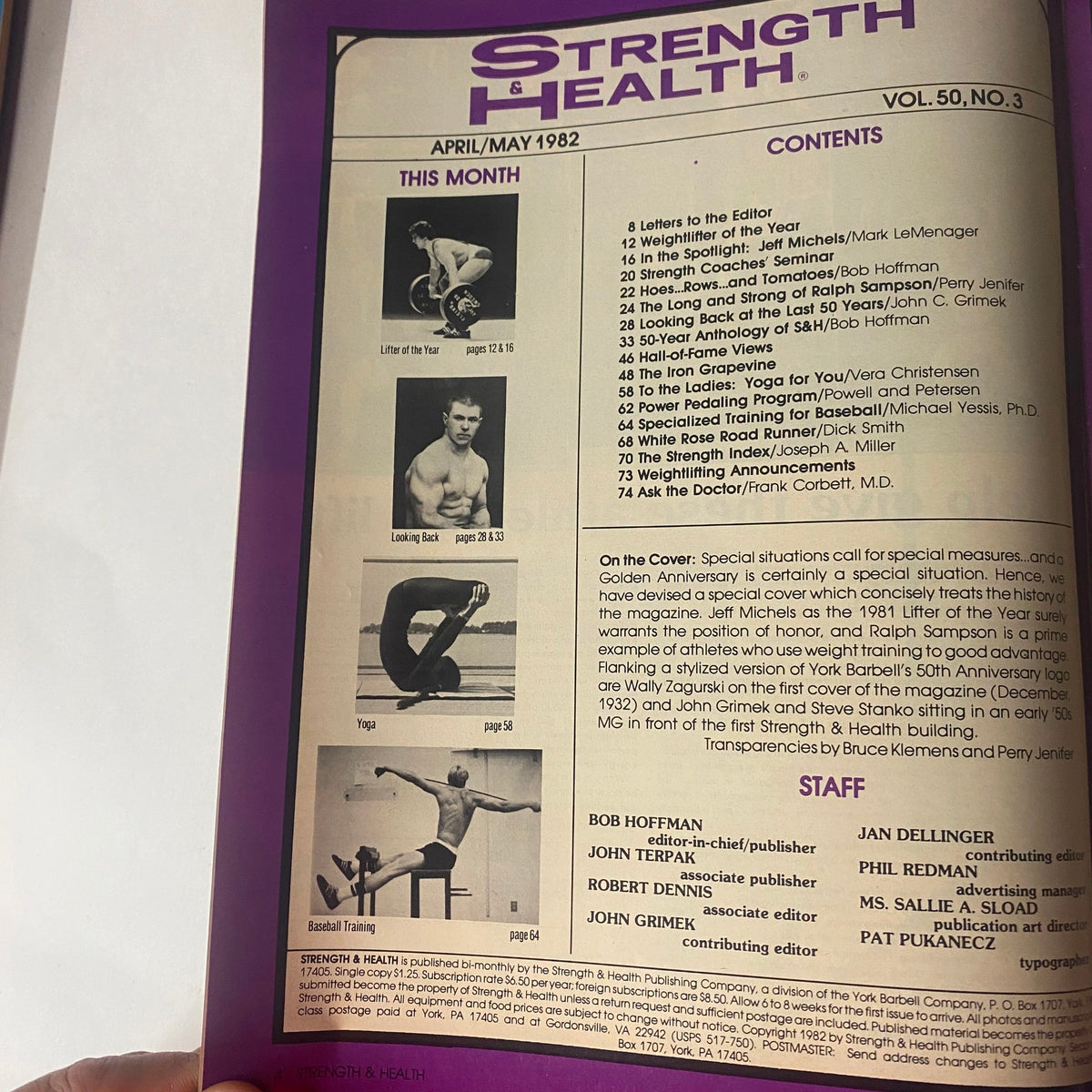 Inner page of Strength & Health Magazine April/May 1982 displaying the table of contents, including sections on weightlifting and athletic performance, highlighting Jeff Michels.