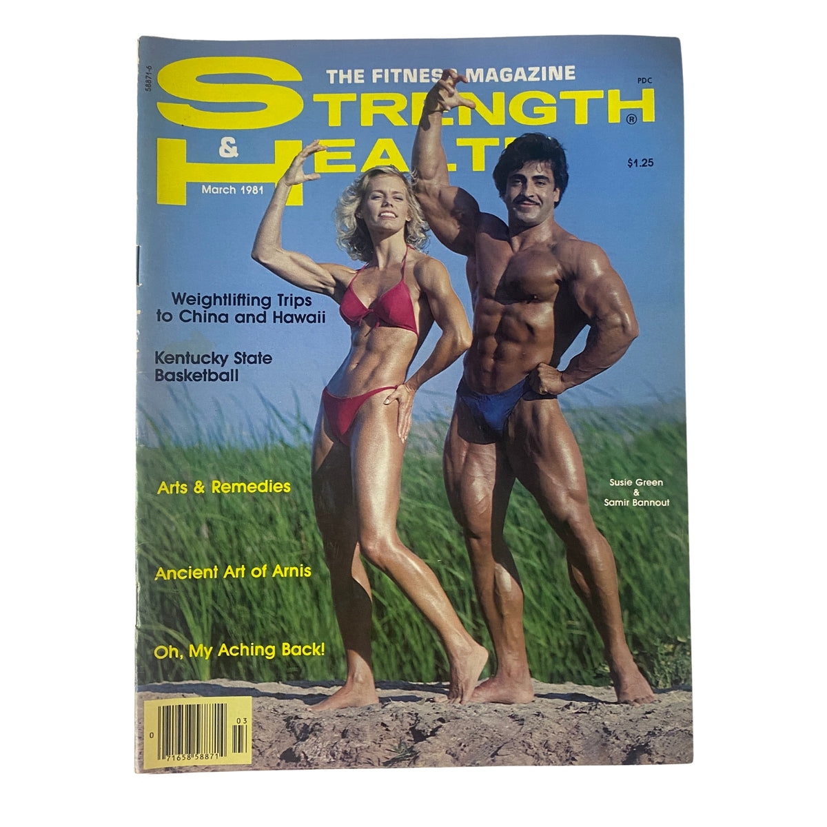 Cover of Strength & Health Magazine, March 1981 featuring Susie Green and Samir Bannout in bodybuilding poses, highlighting their achievements in fitness.