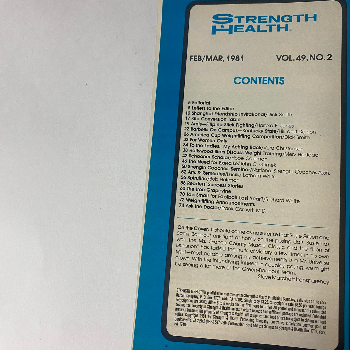 Contents page of Strength & Health Magazine, March 1981, outlining various articles and features including topics on fitness and bodybuilding.