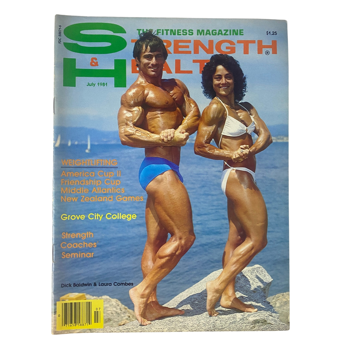 Cover of Strength & Health Magazine, July 1981, featuring Dick Baldwin and Laura Combes showcasing their muscular physiques, highlighting their achievements in bodybuilding, with a scenic backdrop.