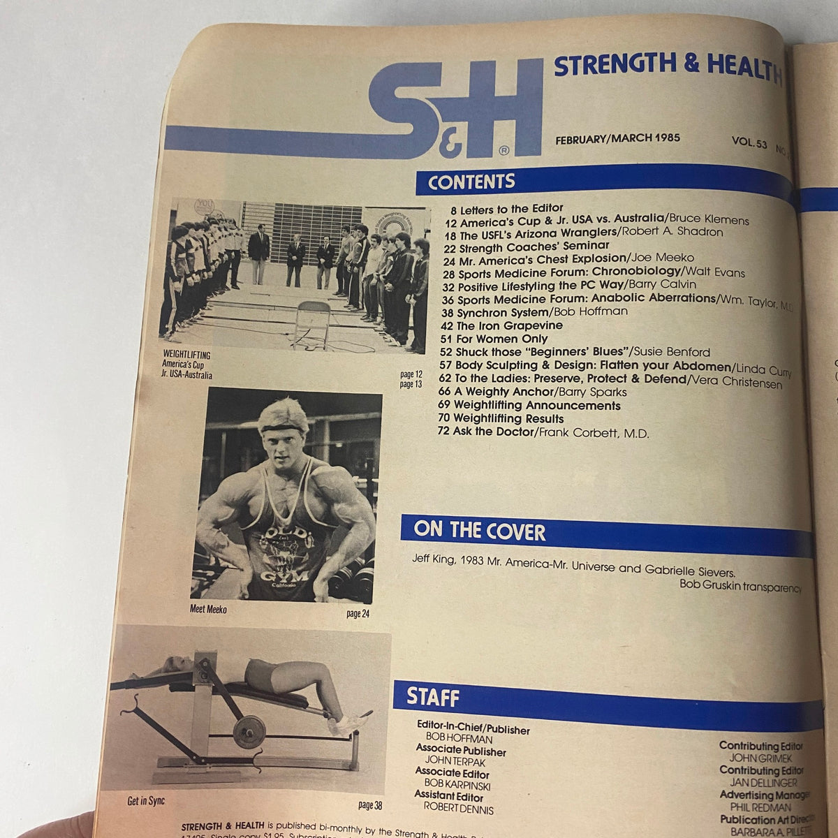 Table of contents page from Strength & Health Magazine, March 1985, showcasing articles and features including Jeff King, Mr. America, and Gabrielle Sievers.