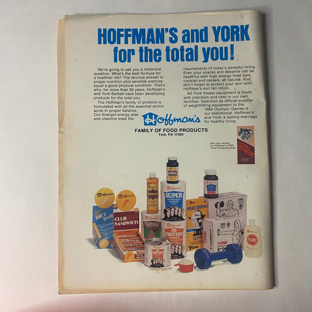 Back cover of Strength & Health Magazine, March 1985, displaying an advertisement for Hoffman's and York food products, promoting health and fitness.