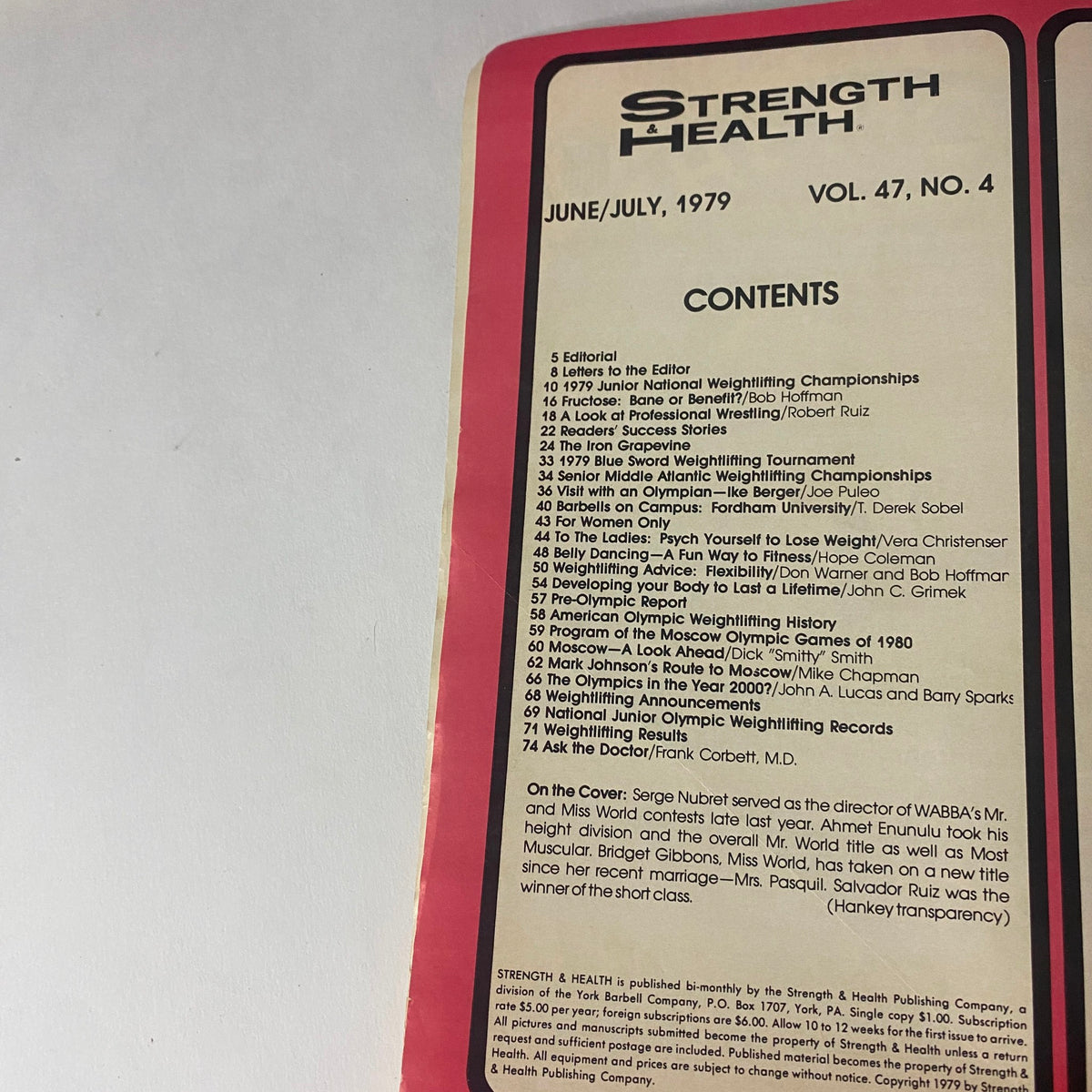 Table of Contents from Strength & Health Magazine, July 1979, highlighting articles on weightlifting championships and fitness.