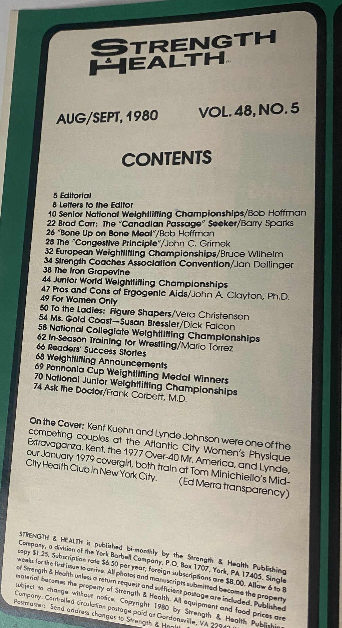 Table of contents from Strength & Health Magazine September 1980, outlining featured articles and highlights including the Senior National Weightlifting Championships and more.