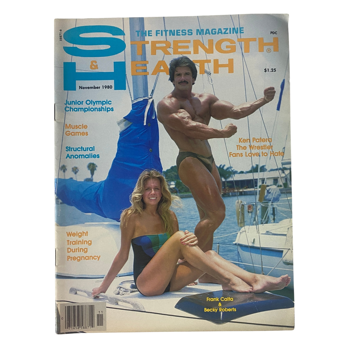 Cover of Strength & Health Magazine November 1980 featuring Frank Calta and Becky Roberts on a sailboat, embodying a fitness lifestyle.