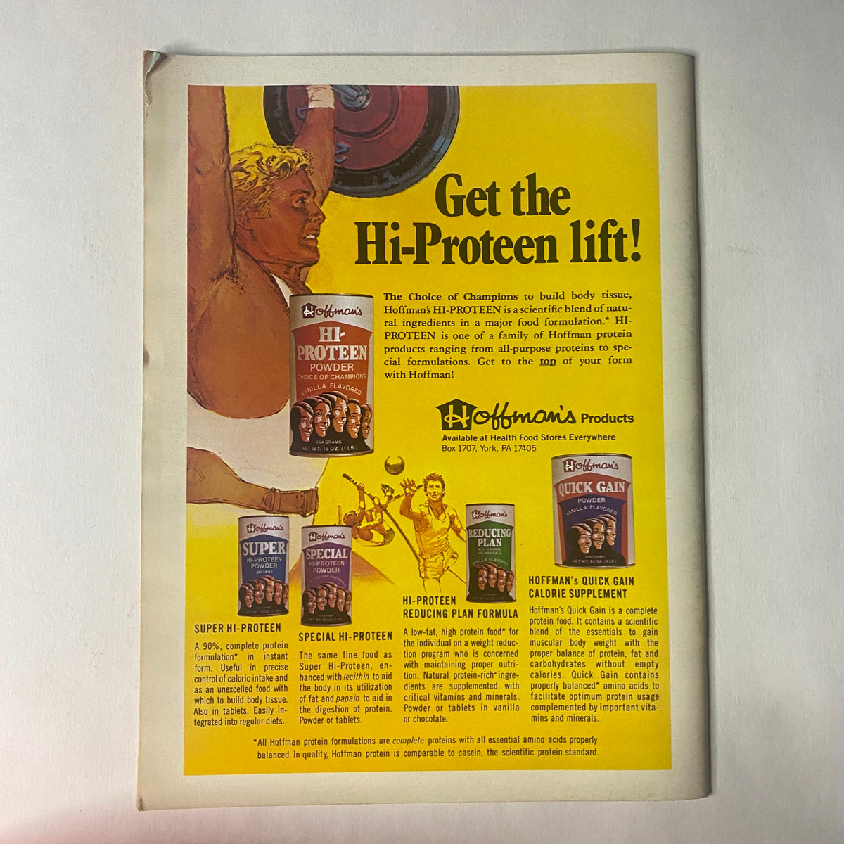 Back cover advertisement from Strength & Health Magazine November 1980 promoting Hoffman's Hi-Proteen products for bodybuilding.