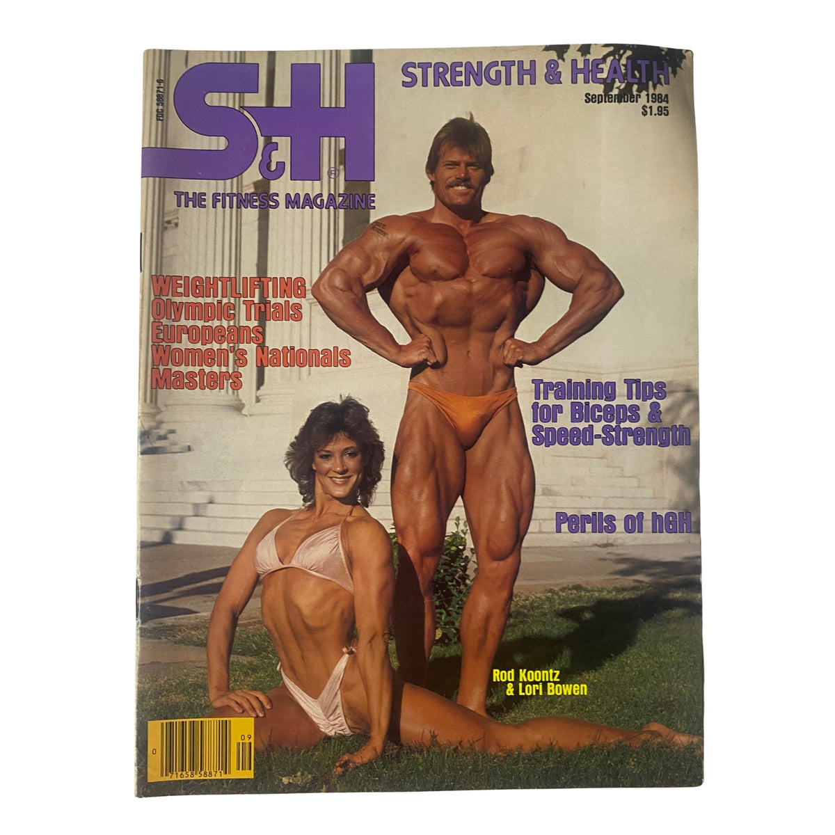 Cover of Strength & Health Magazine, September 1984 featuring professional bodybuilders Rod Koontz and Lori Bowen, showcasing the dynamic of bodybuilding in the 1980s.