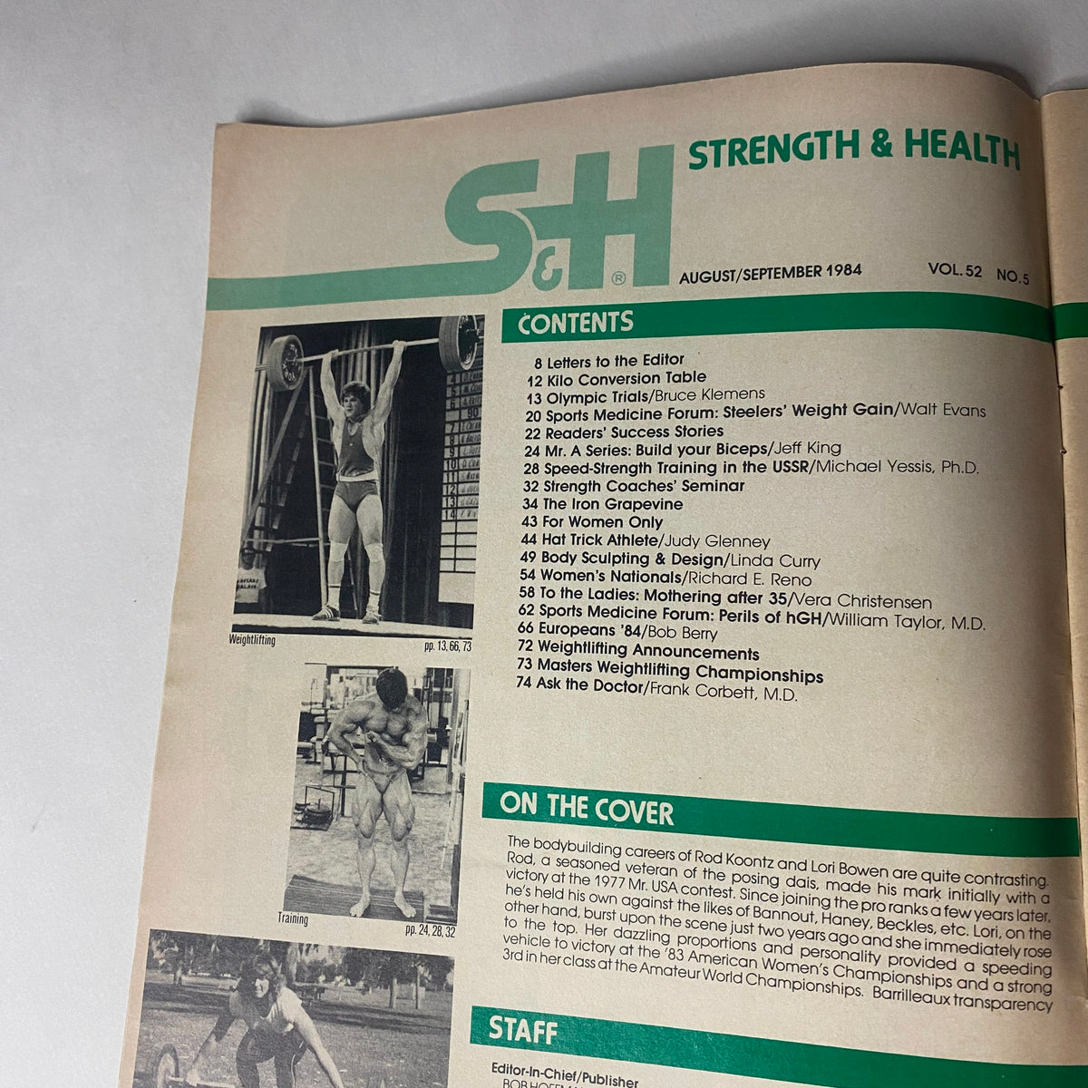Inside page of Strength & Health Magazine, September 1984 displaying the table of contents, highlighting articles and features related to bodybuilding and strength training.