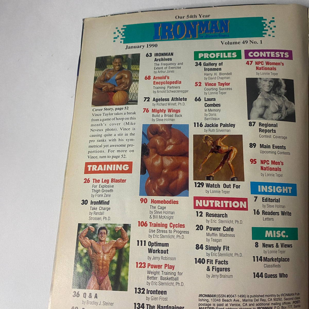 Inside page of IronMan Magazine January 1990 Vol 49 No. 1 displaying the table of contents, showcasing various articles related to bodybuilding, training, nutrition, and contests.