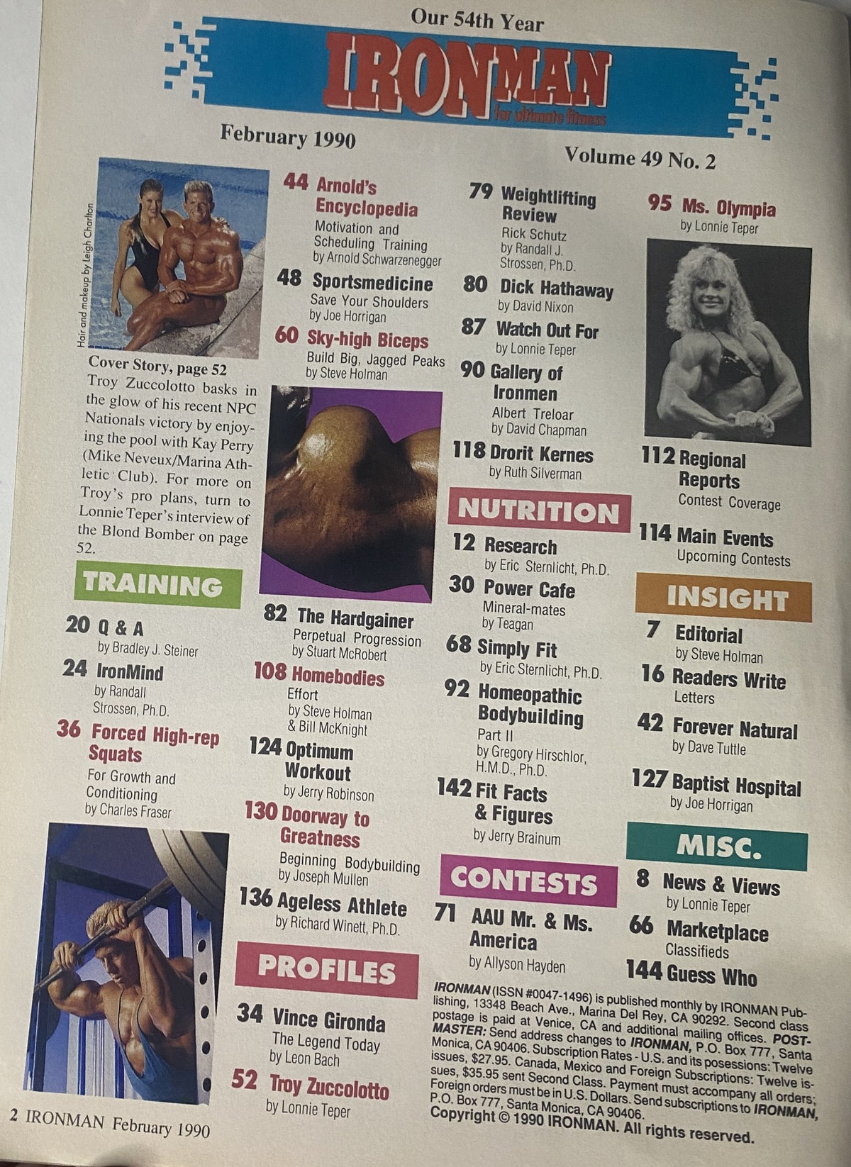 Table of contents from IronMan Magazine February 1990 Vol 49 No. 2, detailing articles on training, nutrition, profiles, and insights related to bodybuilding.