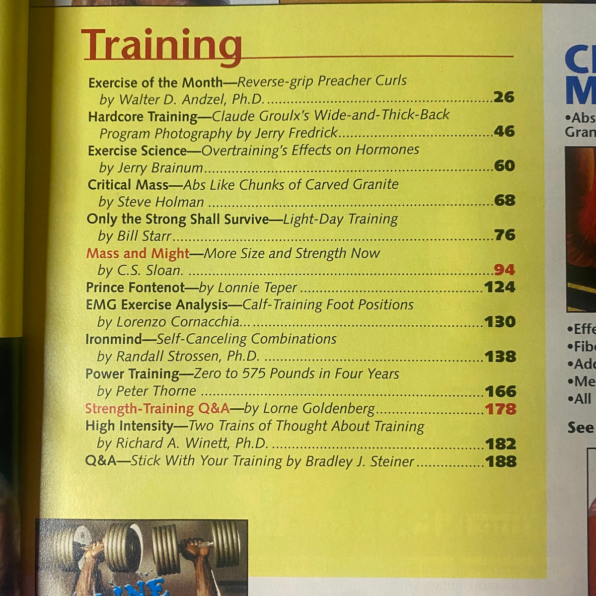 Interior page from IronMan Magazine May 1999 featuring the Training section, highlighting articles on Reverse-grip Preacher Curls and Critical Mass, along with various training tips and expert advice.