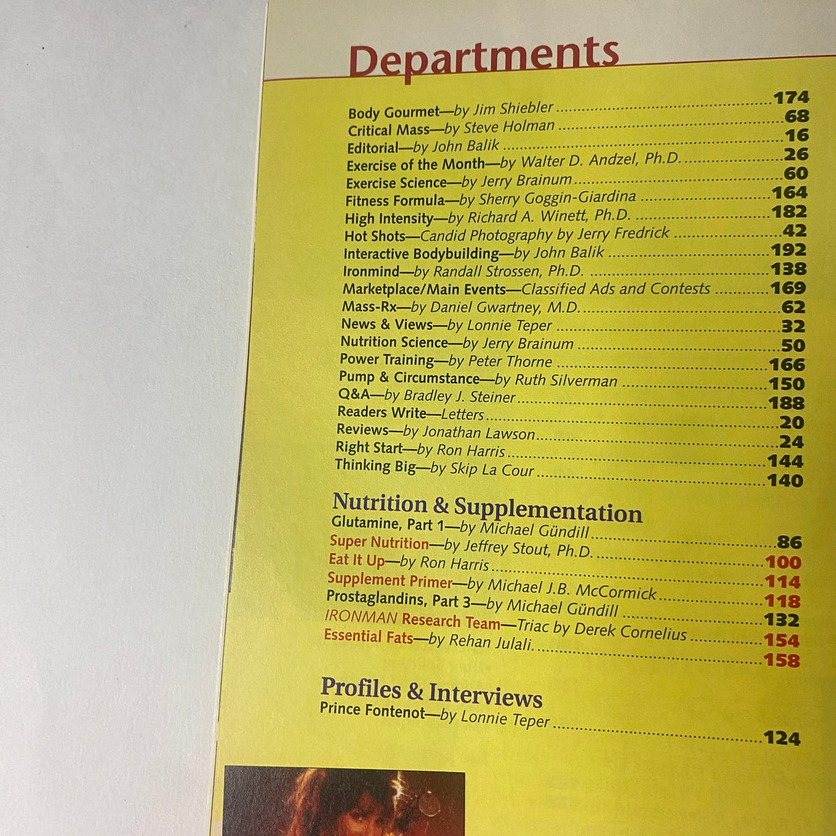 Interior page from IronMan Magazine May 1999 showcasing the Departments section, listing various segments such as Body Gourmet, Nutrition & Supplementation, and profiles, reflecting the magazine's diverse fitness content.