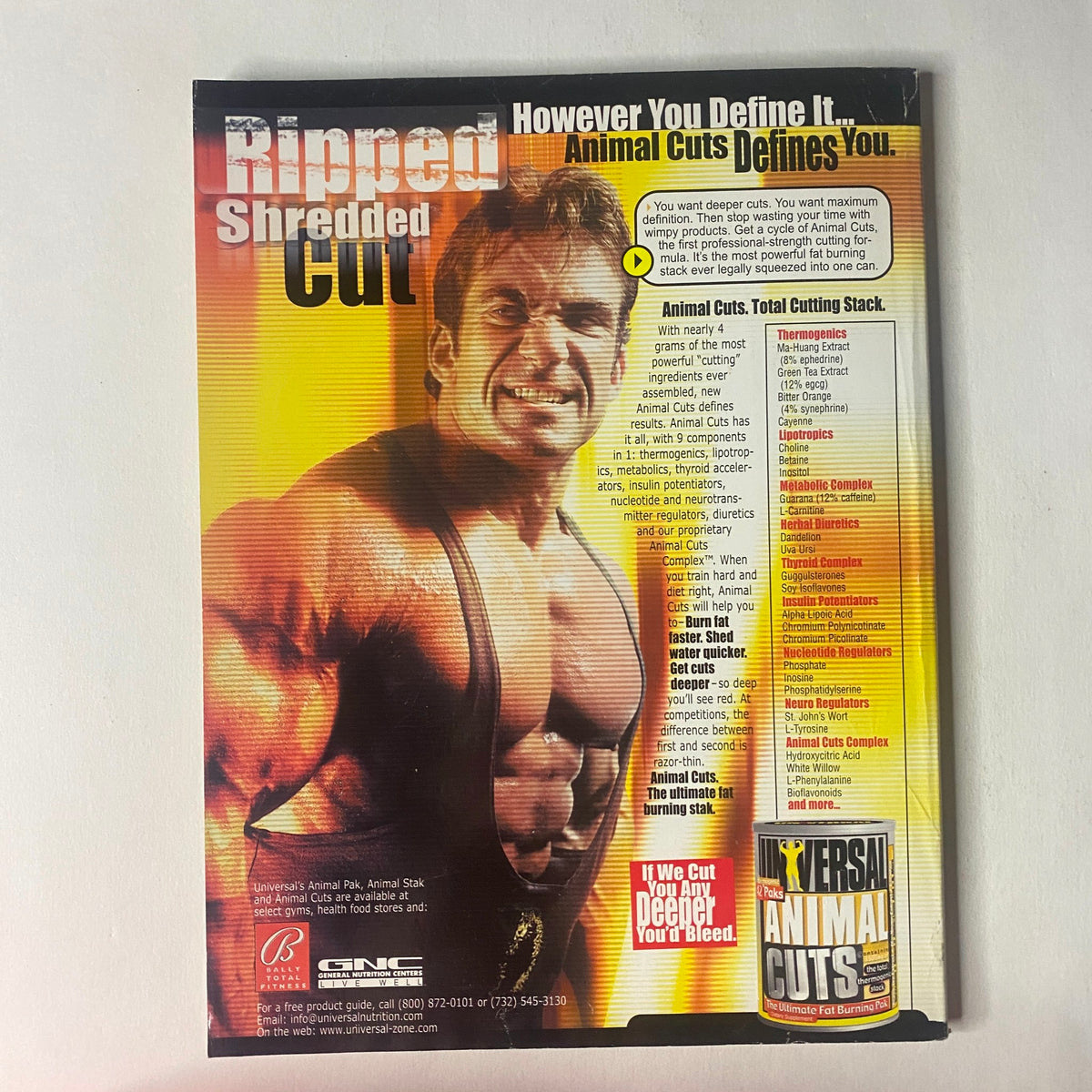 Back cover of IronMan Magazine February 2001 Vol 60 No. 2 advertising Animal Cuts with a muscular male model, emphasizing cutting stacks and bodybuilding supplements.