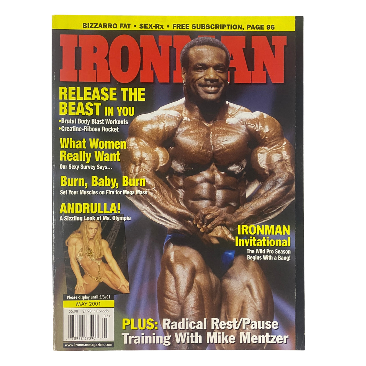 IronMan Magazine May 2001 featuring Chris Cormier on the cover, showcasing his muscular physique and promoting bodybuilding content.