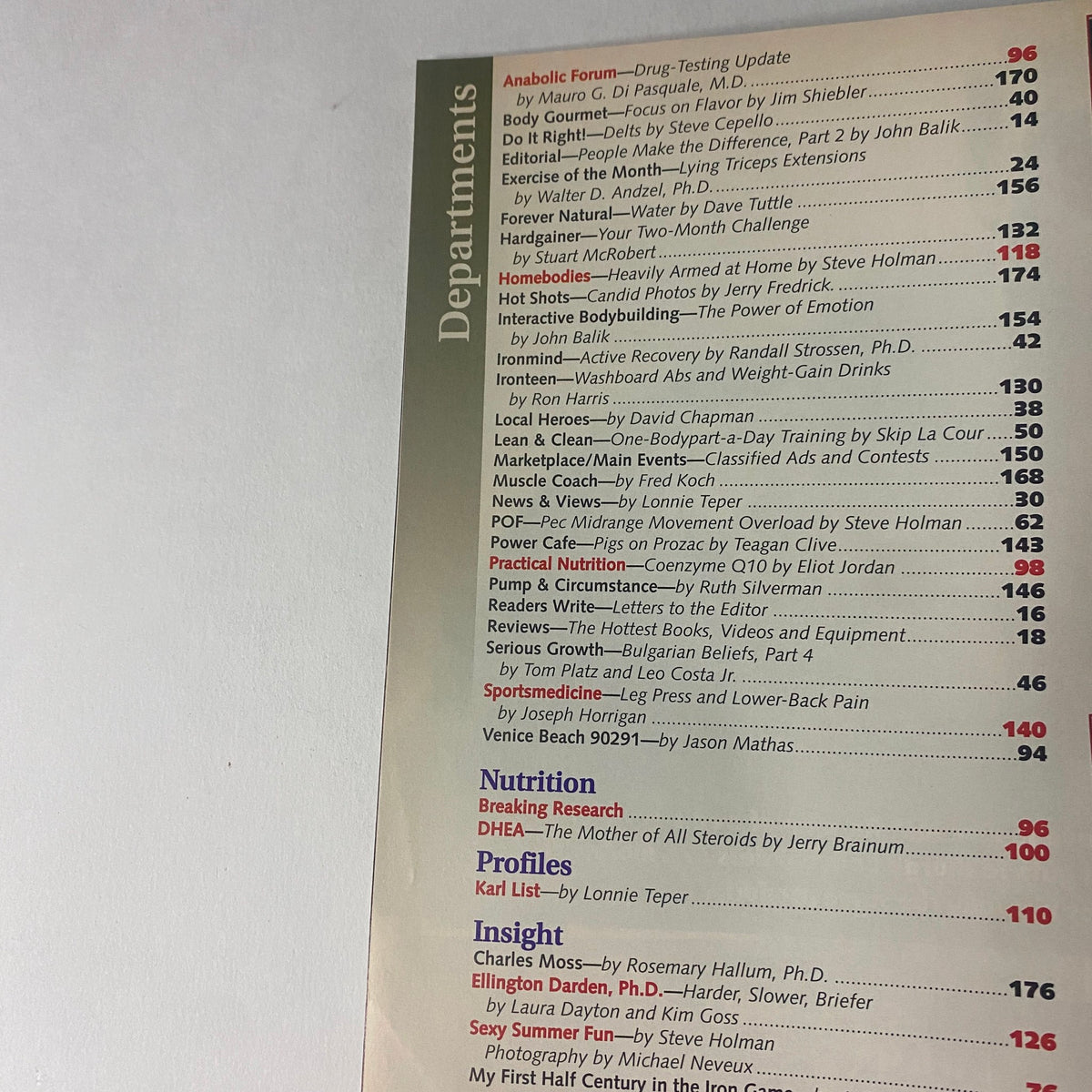 Departments section from IronMan Magazine September 1996 showcasing various topics including nutrition, profiles, and contributions from notable authors.