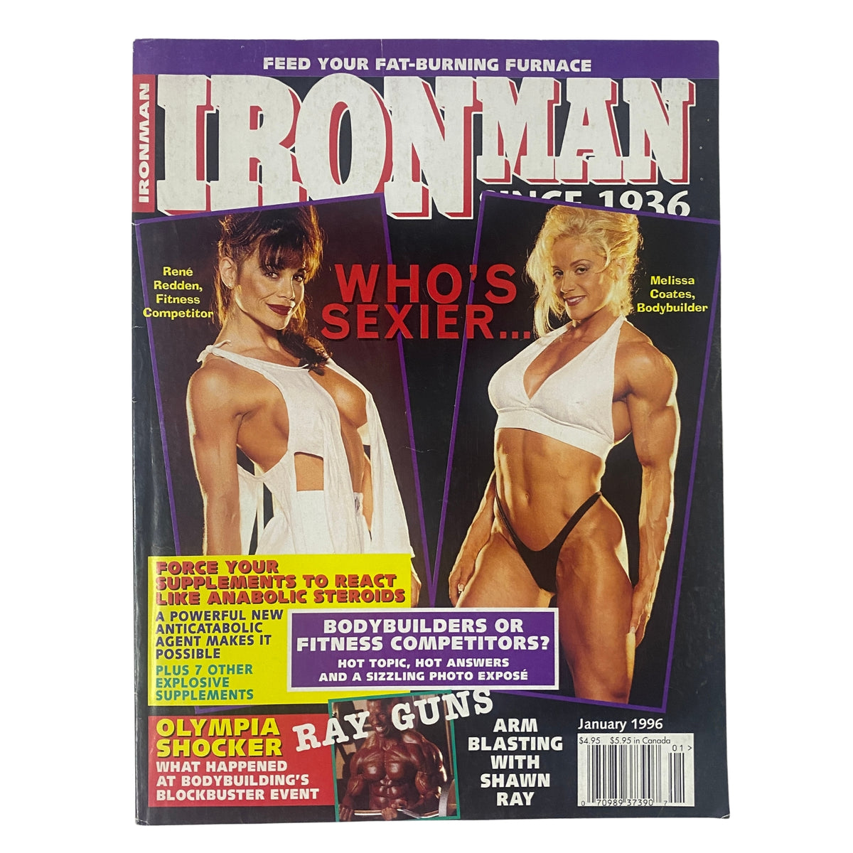 Cover of IronMan Magazine January 1996, Vol 55 No. 1 featuring Rene Redden and Melissa Coates, highlighting bodybuilding and fitness themes with taglines about athleticism and competition.