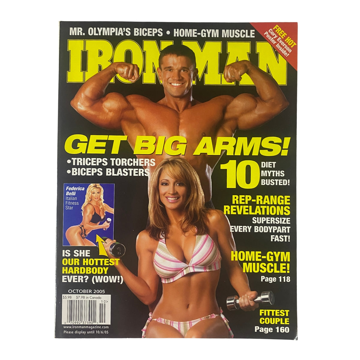 Cover of IronMan Magazine October 2005 featuring David Dorsey showcasing muscle tone and Federica Belli in a bikini, promoting fitness and strength training with headlines about arm workouts and bodybuilding.